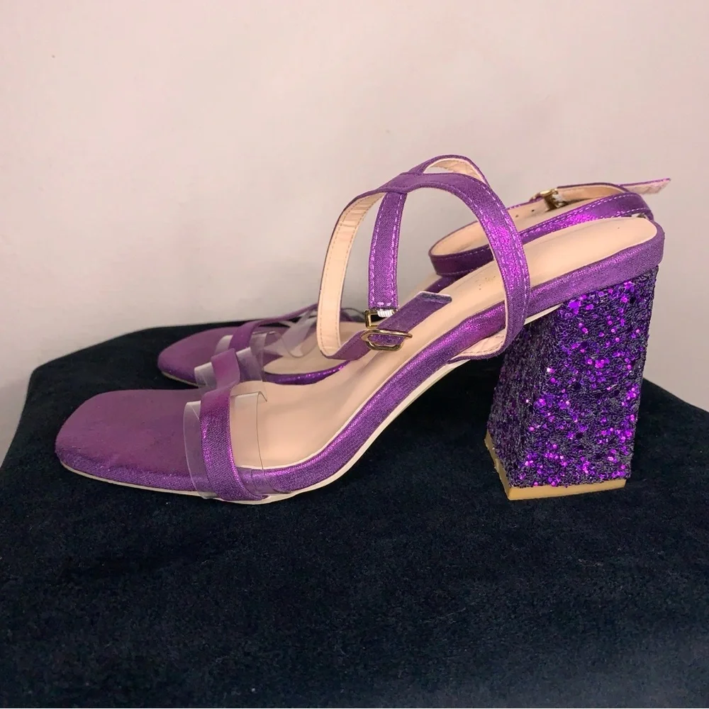 Y2K Era Size 6 Purple Glitter Chunky Heel Shoes Party Event Prom Square Toe